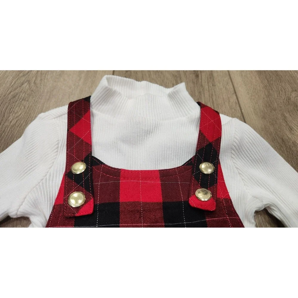 Girls Red Black Buffalo Plaid Pinafore Jumper Dress White Turtleneck Outfit 3T‎
